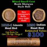 Mixed small cents 1c orig shotgun roll, 1916-d Wheat Cent, 1890 Indian Cent other end, Brandt Wrappe