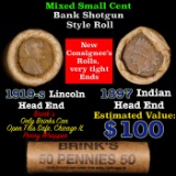 Mixed small cents 1c orig shotgun roll, 1919-s Wheat Cent, 1897 Indian Cent other end, Brandt Wrappe