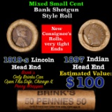 Mixed small cents 1c orig shotgun roll, 1919-s Wheat Cent, 1897 Indian Cent other end, Brandt Wrappe