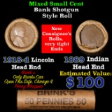Mixed small cents 1c orig shotgun roll, 1918-d Wheat Cent, 1889 Indian Cent other end, Brandt Wrappe