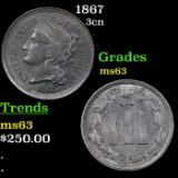 1867 Three Cent Copper Nickel 3cn Grades Select Unc