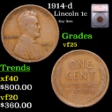 1914-d Lincoln Cent 1c Graded vf25 By SEGS