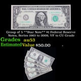 Group of 5 **Star Note** $1 Federal Reserve Notes, Series 1963 to 2009, VF to CU Grade Grades Select