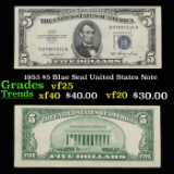 1953 $5 Blue Seal United States Note Grades vf+