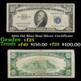 1953 $10 Blue Seal Silver Certificate Grades vf+