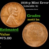 1938-p Lincoln Cent Mint Error 1c Grades Select Unc BN