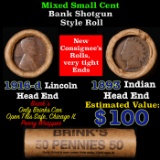 Mixed small cents 1c orig shotgun roll, 1916-d Wheat Cent, 1893 Indian Cent other end, Brinks Wrappe