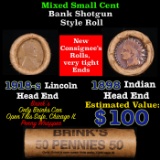 Mixed small cents 1c orig shotgun roll, 1918-s Wheat Cent, 1898 Indian Cent other end, Brinks Wrappe