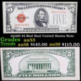 1928D $5 Red Seal United States Note Grades Select AU
