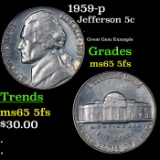 1959-p Jefferson Nickel 5c Grades GEM 5fs