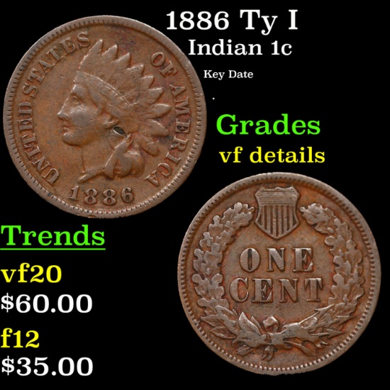1886 Ty I Indian Cent 1c Grades vf details