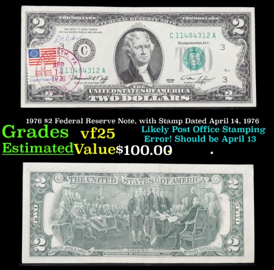 1976 $2 Federal Reserve Note, with Stamp Dated April 14, 1976 Grades vf+