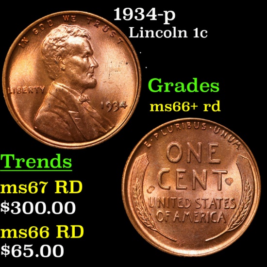 1934-p Lincoln Cent 1c Grades GEM++ RD