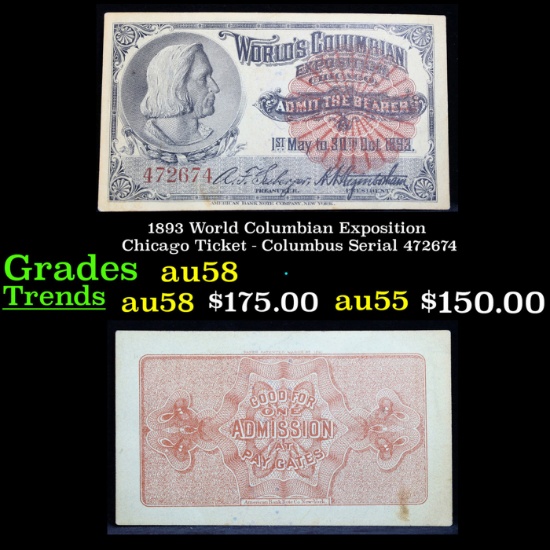 1893 World Columbian Exposition Chicago Ticket - Columbus Serial 472674 Grades Choice AU/BU Slider