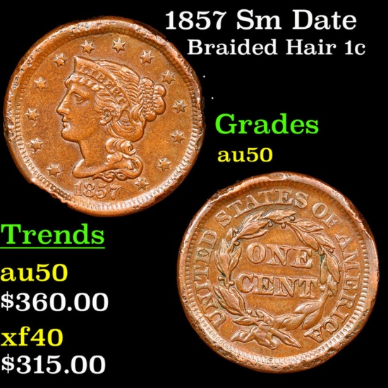 1857 Sm Date Braided Hair Large Cent 1c Grades AU, Almost Unc