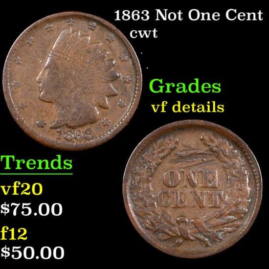 1863 Not One Cent Civil War Token 1c Grades vf details