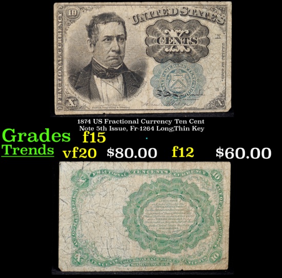 1874 US Fractional Currency Ten Cent Note 5th Issue, Fr-1264 Long,Thin Key Grades f+