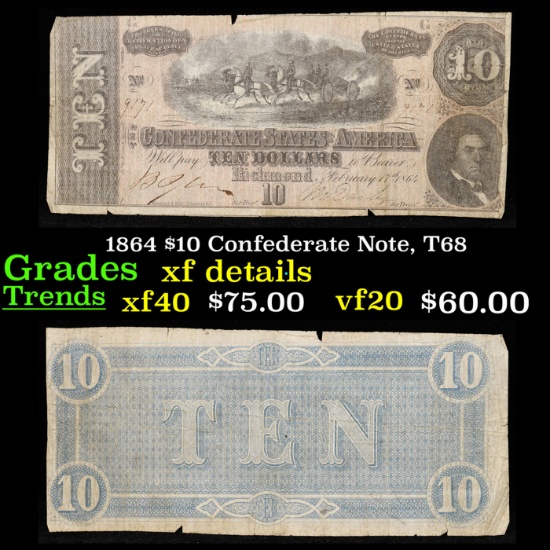 1864 $10 Confederate Note, T68 Grades xf details