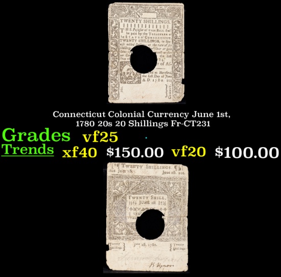 Connecticut Colonial Currency June 1st, 1780 20s 20 Shillings Fr-CT231 Grades vf+