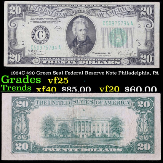 1934C $20 Green Seal Federal Reserve Note Philadelphia, PA Grades vf+