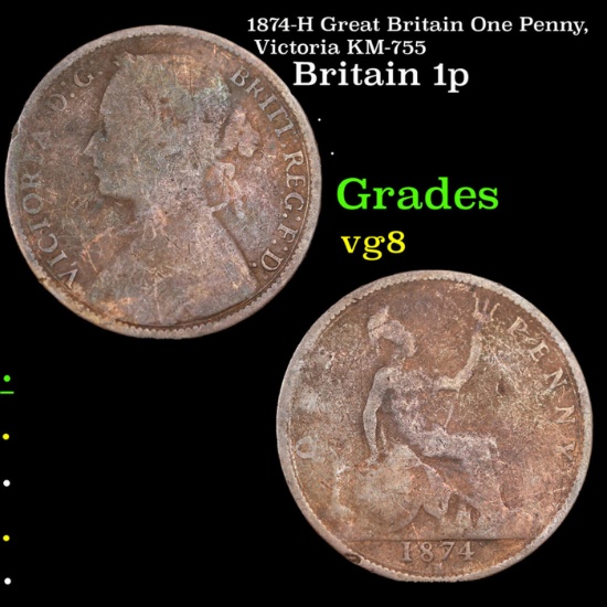1874-H Great Britain One Penny, Victoria KM-755 Grades vg, very good