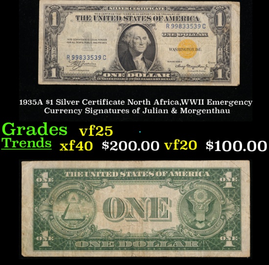 1935A $1 Silver Certificate North Africa,WWII Emergency Currency Signatures of Julian & Morgenthau G