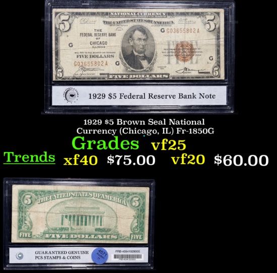 1929 $5 Brown Seal National Currency (Chicago, IL) Fr-1850G Grades vf+