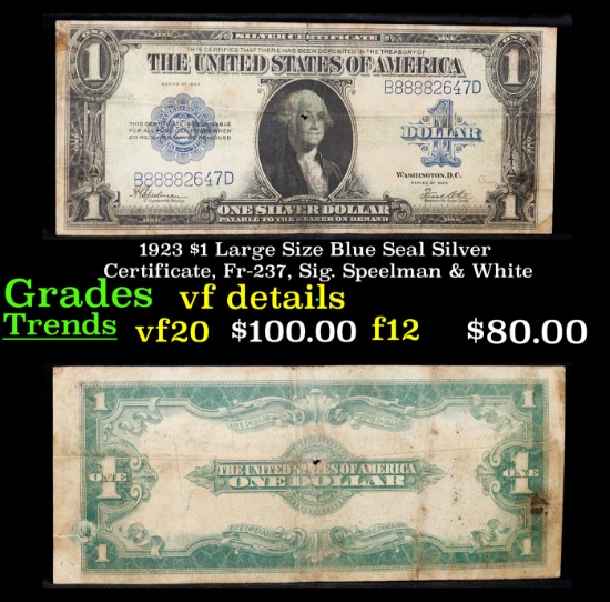 1923 $1 Large Size Blue Seal Silver Certificate, Fr-237, Sig. Speelman & White Grades vf details