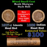 Mixed small cents 1c orig shotgun roll, 1917-s Wheat Cent, 1889 Indian Cent other end, Brinks Wrappe