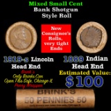 Mixed small cents 1c orig shotgun roll, 1919-s Wheat Cent, 1889 Indian Cent other end, Brinks Wrappe