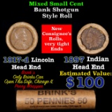 Mixed small cents 1c orig shotgun roll, 1917-d Wheat Cent, 1897 Indian Cent other end, Brinks Wrappe