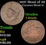 1837 Coronet Head Large Cent Head of 38 1c Grades f details