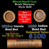 Mixed small cents 1c orig shotgun roll, 1918-s Wheat Cent, 1889 Indian Cent other end, Brinks Wrappe