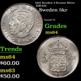 1955 Sweden 5 Kronor Silver KM-829 Grades Choice Unc