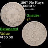 1867 No Rays Shield Nickel 5c Grades g+