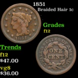 1851 Braided Hair Large Cent 1c Grades f, fine