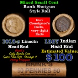 Mixed small cents 1c orig shotgun roll, 1918-s Wheat Cent, 1887 Indian Cent other end, Brandt Wrappe