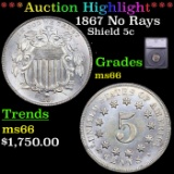***Auction Highlight*** 1867 No Rays Shield Nickel 5c Graded ms66 BY SEGS (fc)