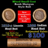 Mixed small cents 1c orig shotgun roll, 1919-s Wheat Cent, 1889 Indian Cent other end, Brandt Wrappe
