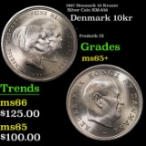 1967 Denmark 10 Kroner Silver Coin KM-856 Grades GEM+ Unc