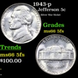 1943-p Jefferson Nickel 5c Grades GEM+ 5fs