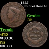 1827 Coronet Head Large Cent 1c Grades f+