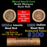 Mixed small cents 1c orig shotgun roll, 1919-s Wheat Cent, 1898 Indian Cent other end, Brinks Wrappe