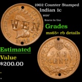 1902 Indian Cent Counter Stamped 1c Grades Gem+ RB Details