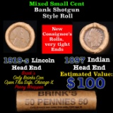 Mixed small cents 1c orig shotgun roll, 1919-s Wheat Cent, 1897 Indian Cent other end, Brinks Wrappe