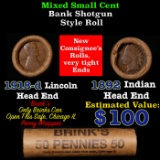 Mixed small cents 1c orig shotgun roll, 1918-d Wheat Cent, 1892 Indian Cent other end, Brinks Wrappe