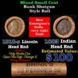 Mixed small cents 1c orig shotgun roll, 1918-s Wheat Cent, 1883 Indian Cent other end, Brinks Wrappe