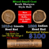 Mixed small cents 1c orig shotgun roll, 1919-s Wheat Cent, 1898 Indian Cent other end, Brinks Wrappe