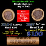 Mixed small cents 1c orig shotgun roll, 1919-d Wheat Cent, 1887 Indian Cent other end, Brinks Wrappe