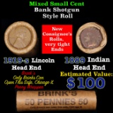 Mixed small cents 1c orig shotgun roll, 1919-s Wheat Cent, 1889 Indian Cent other end, Brinks Wrappe